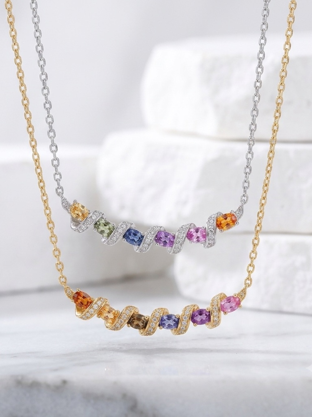 Multicolor Spiral Gemstone Necklace - Gold & Silver Options